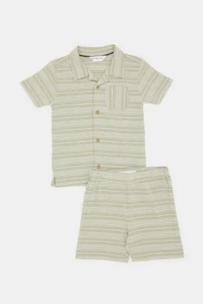 Infant Boys Green Striped Shirt And Short Set (2 Piece)