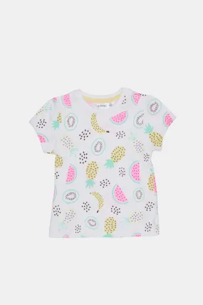 Infant Girls White Fruits All Over Print T-Shirt