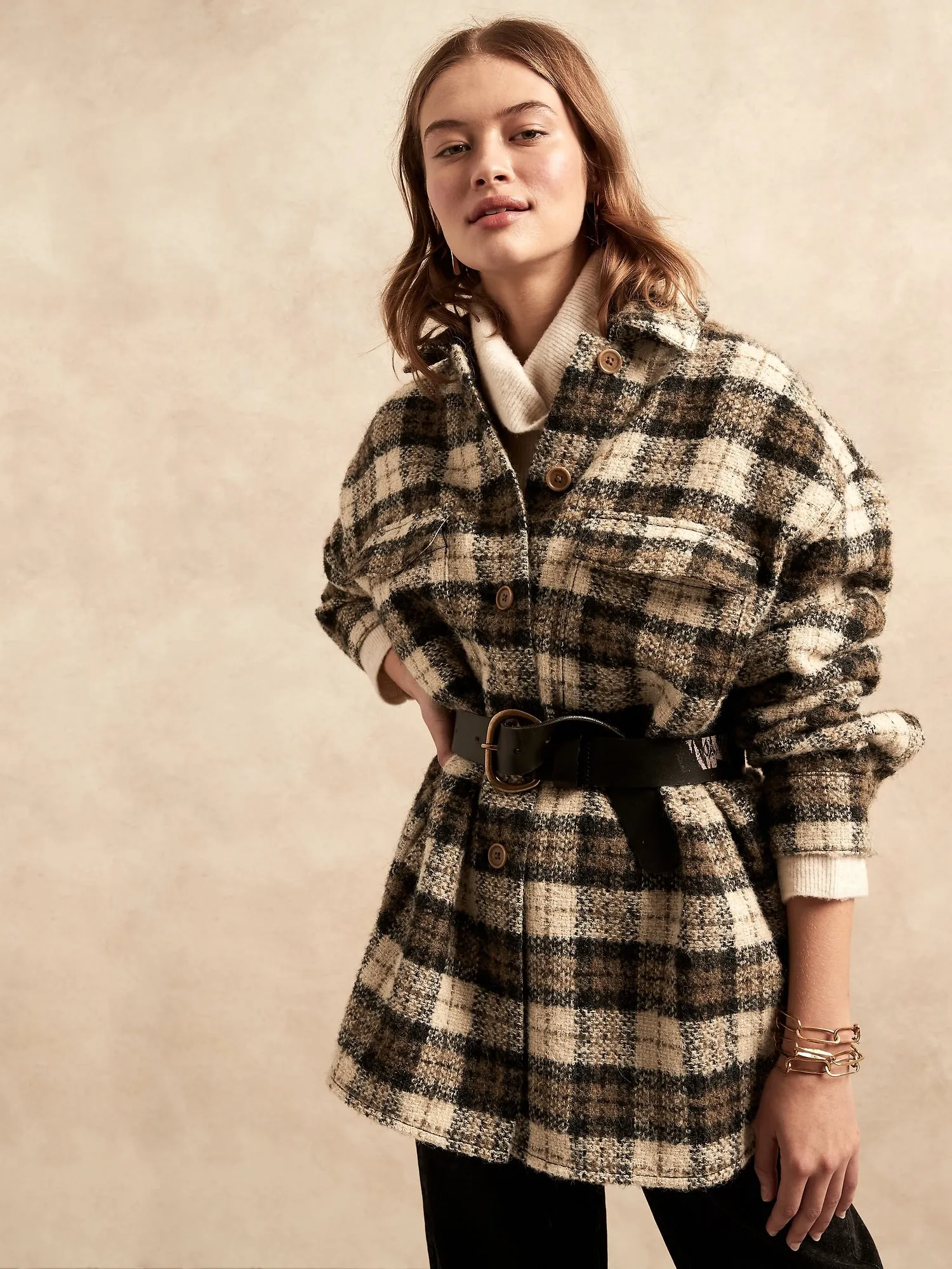 Italian Bouclé Shirt Jacket in Camel Plaid
