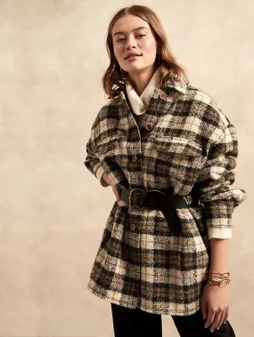 Italian Bouclé Shirt Jacket in Camel Plaid