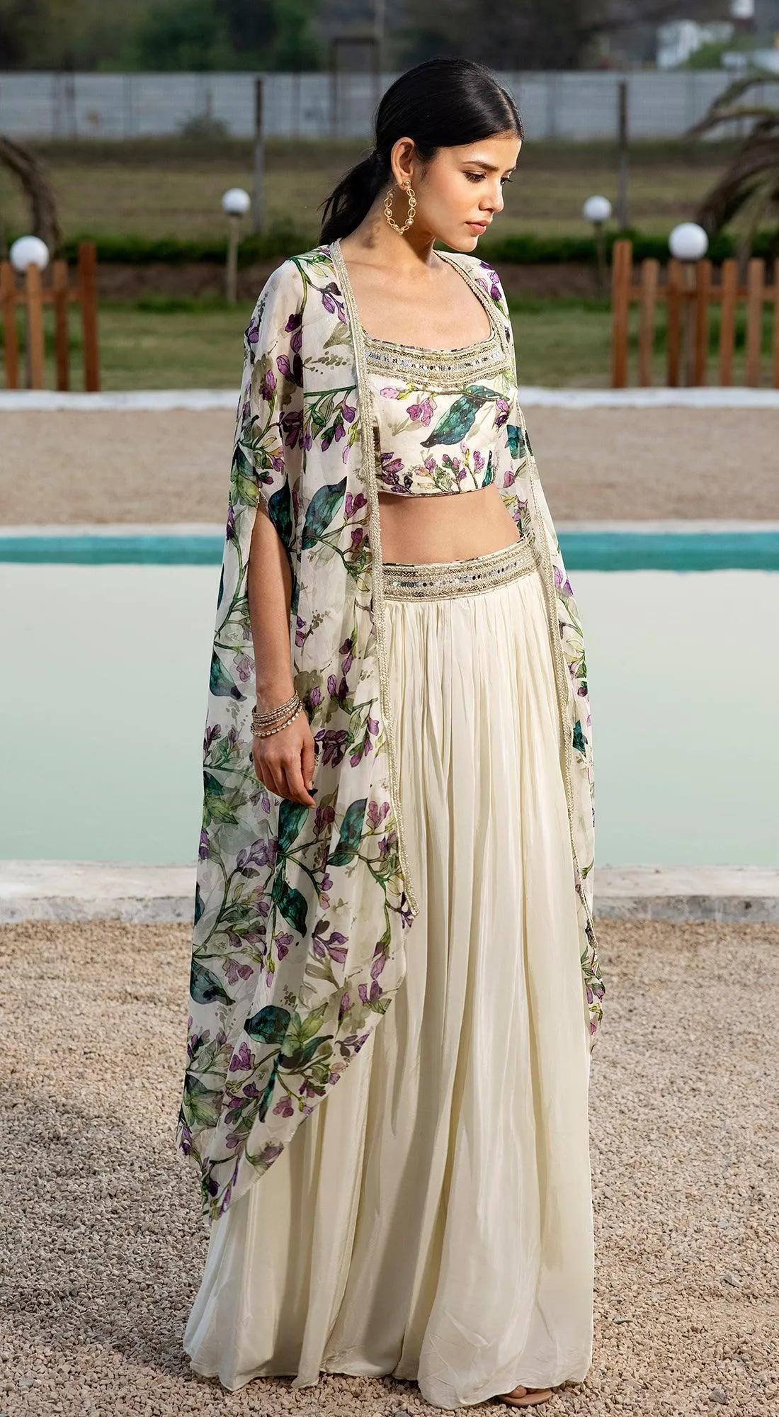 Ivory Skirt Set With Cape