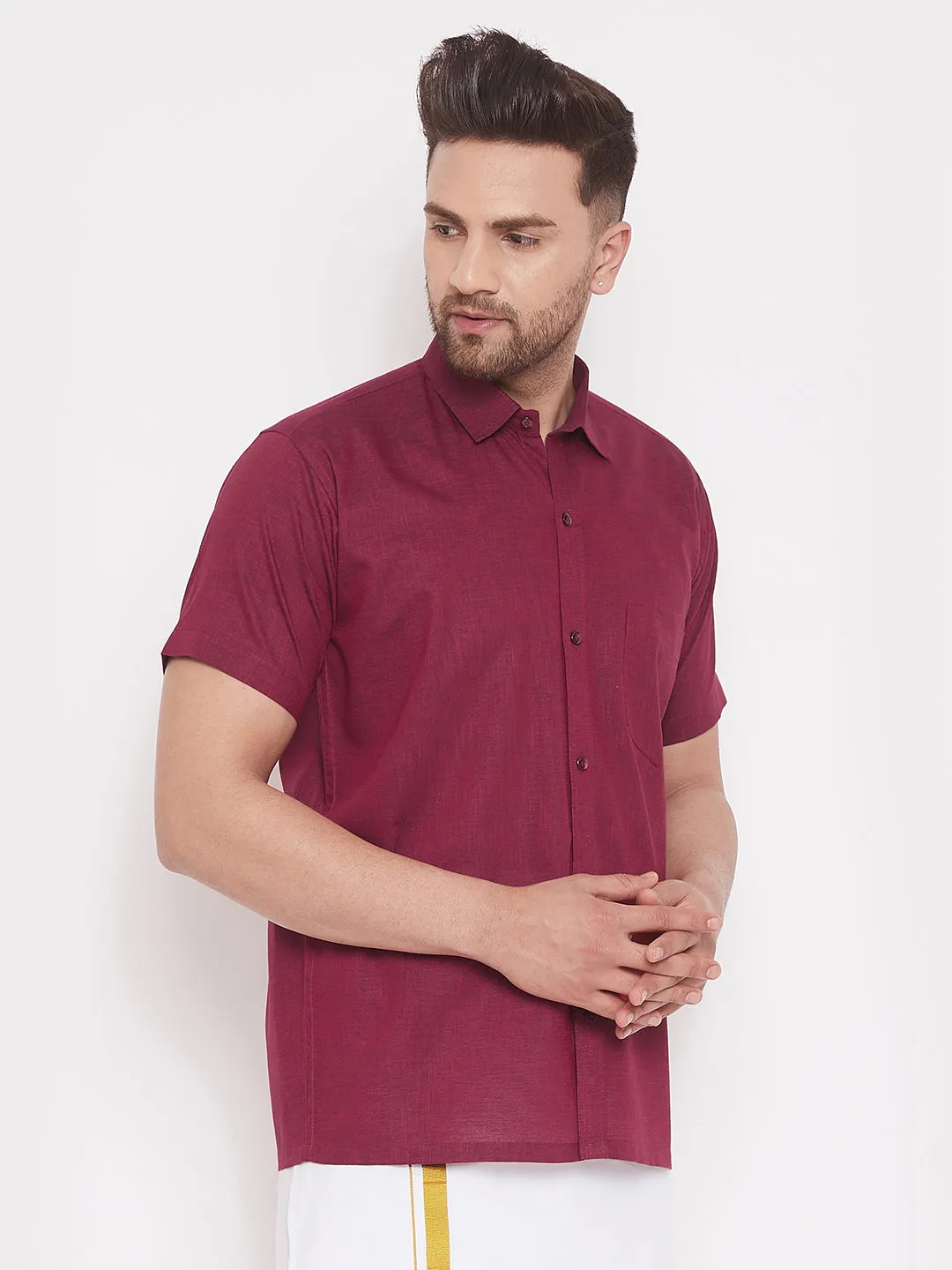 Jashvi Maroon Cotton Blend Baap Beta Ethnic Shirt Set
