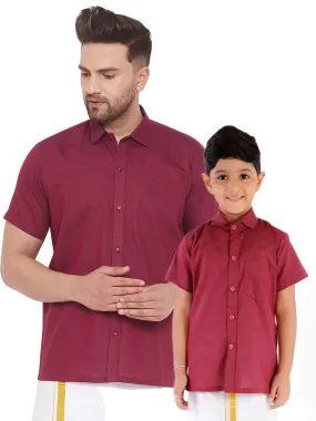 Jashvi Maroon Cotton Blend Baap Beta Ethnic Shirt Set
