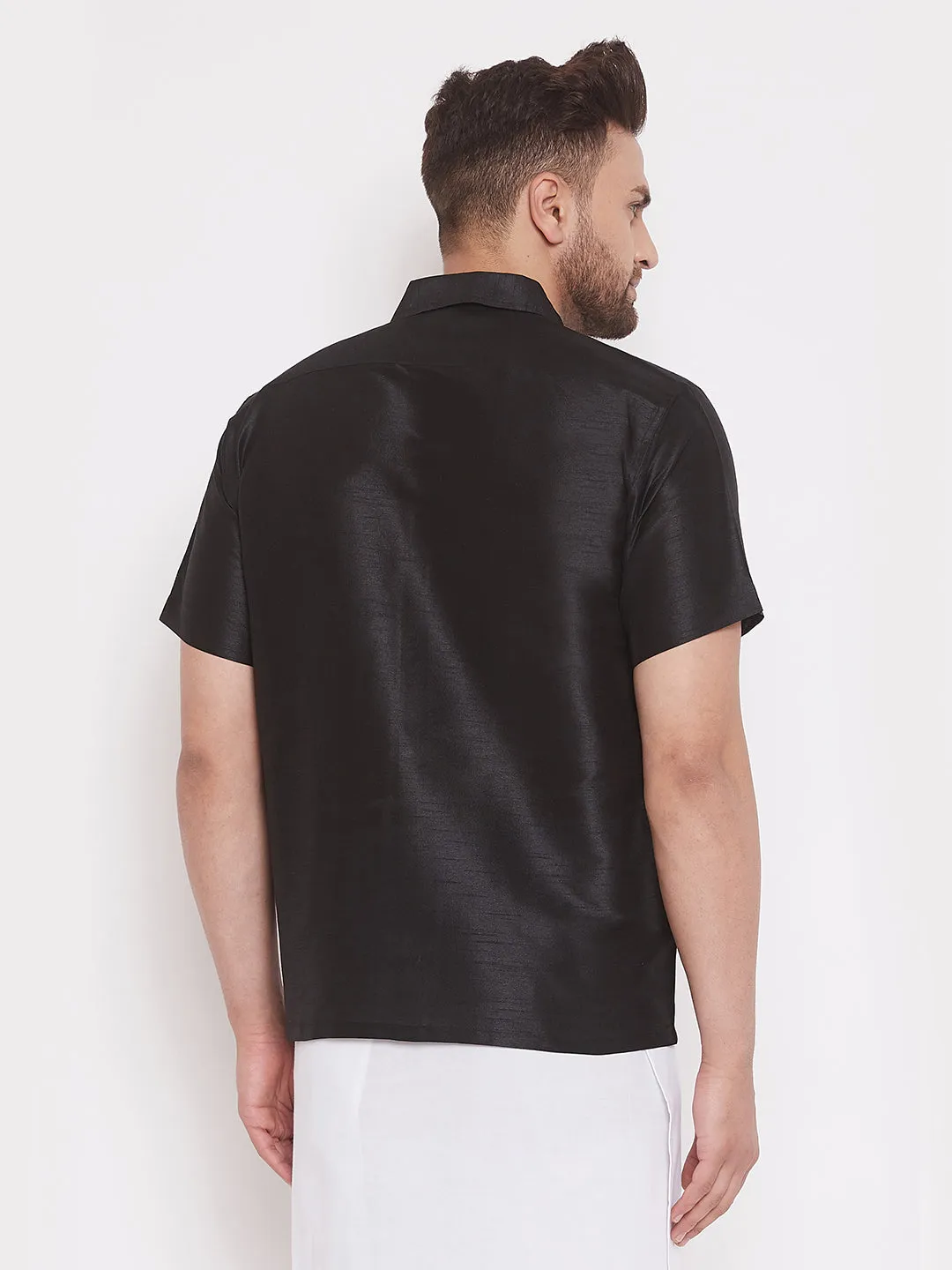 Jashvi Men's & Boys Black Solid Silk Blend Half Sleeve Ethnic Shirt