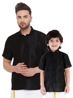 Jashvi Men's & Boys Black Solid Silk Blend Half Sleeve Ethnic Shirt