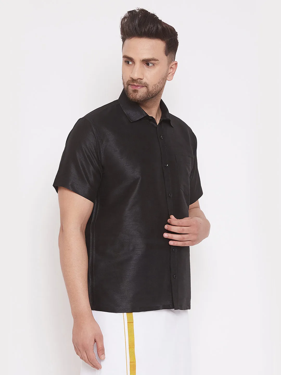 Jashvi Men's & Boys Black Solid Silk Blend Half Sleeve Ethnic Shirt