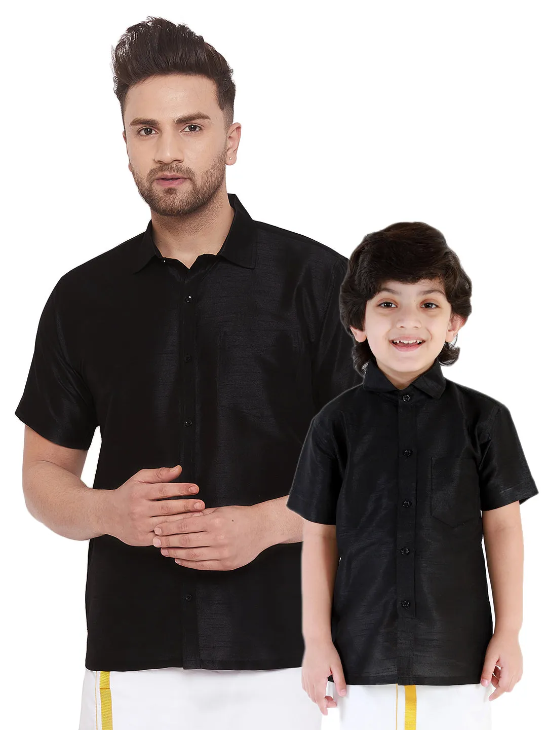 Jashvi Men's & Boys Black Solid Silk Blend Half Sleeve Ethnic Shirt