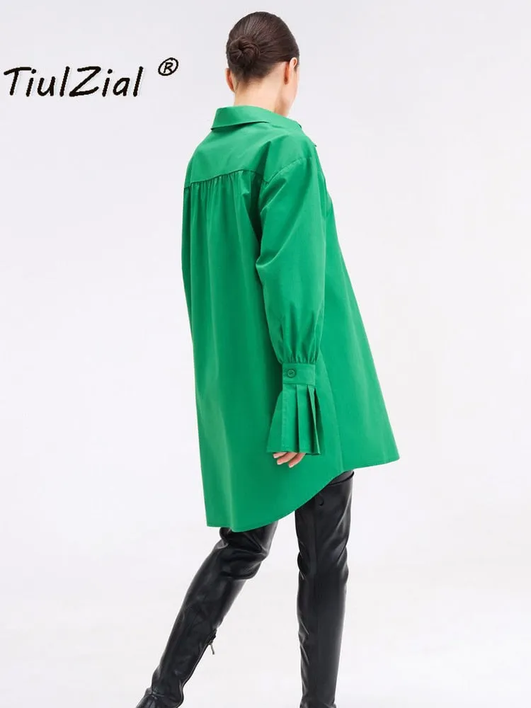 Joskaa Vintage Green Oversized Shirt Blouse 2024 Pocket Casual Loose Long Blouse Plisse Sleeve Shirt Women Clothing Cotton