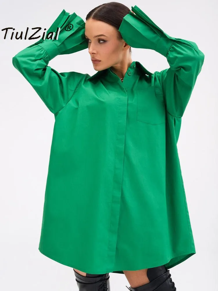 Joskaa Vintage Green Oversized Shirt Blouse 2024 Pocket Casual Loose Long Blouse Plisse Sleeve Shirt Women Clothing Cotton