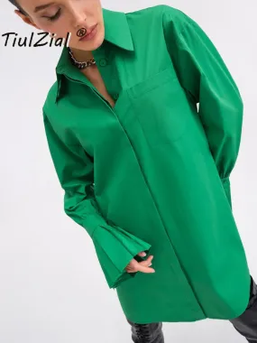 Joskaa Vintage Green Oversized Shirt Blouse 2024 Pocket Casual Loose Long Blouse Plisse Sleeve Shirt Women Clothing Cotton
