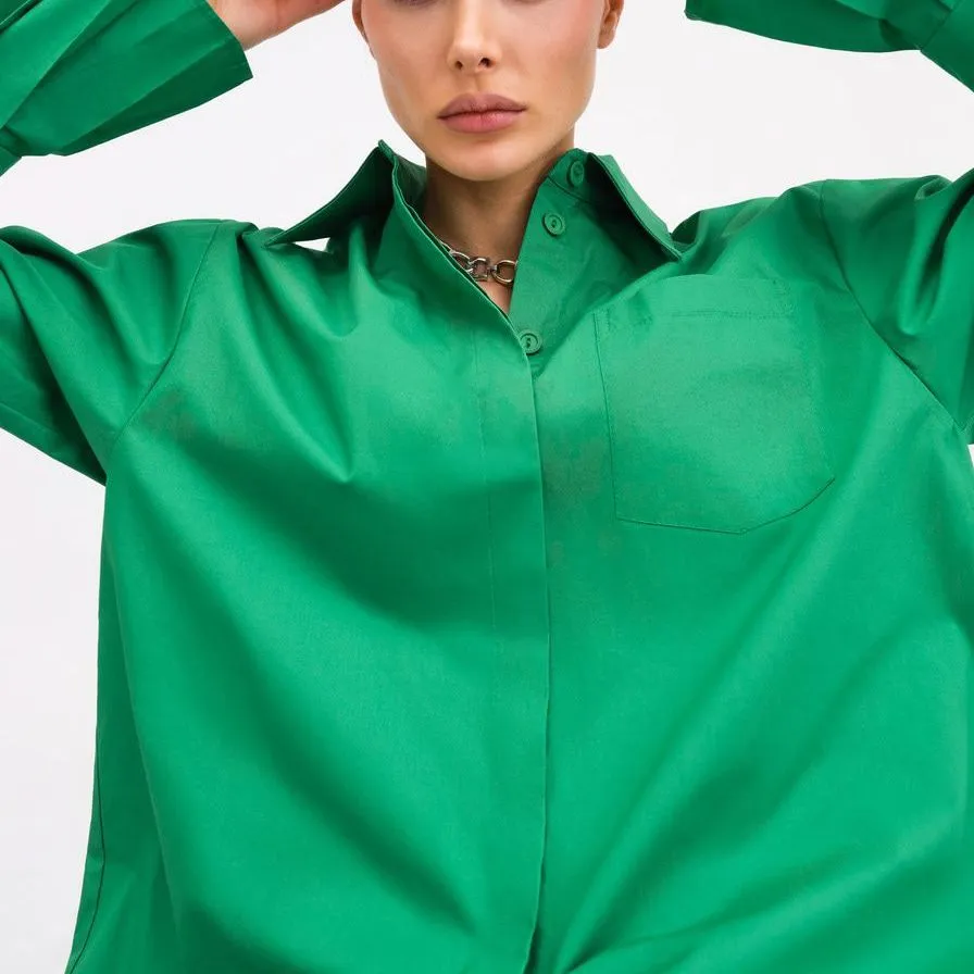 Joskaa Vintage Green Oversized Shirt Blouse 2024 Pocket Casual Loose Long Blouse Plisse Sleeve Shirt Women Clothing Cotton