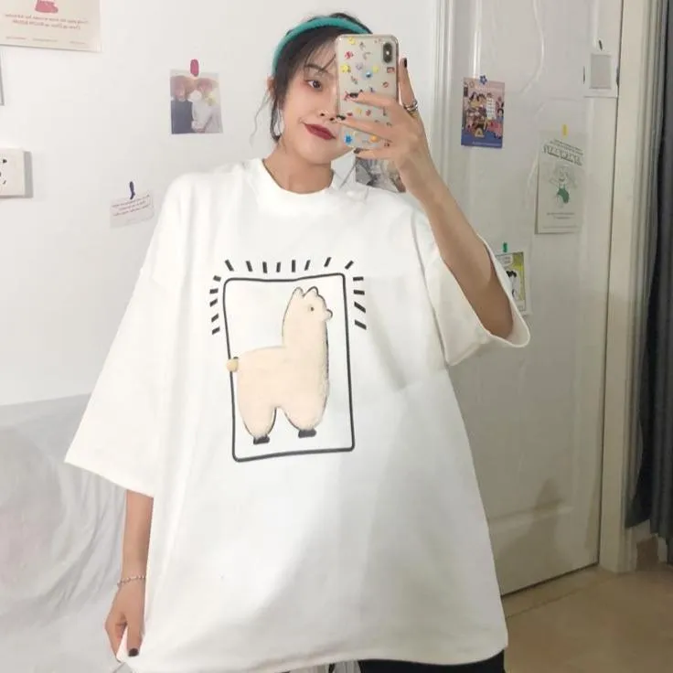 Kawaii Plush Alpaca Cartoon Loose T-Shirt
