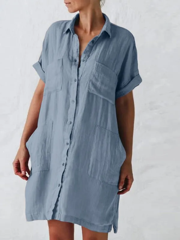 Lapel Short Sleeve Pocket Shirt Dress