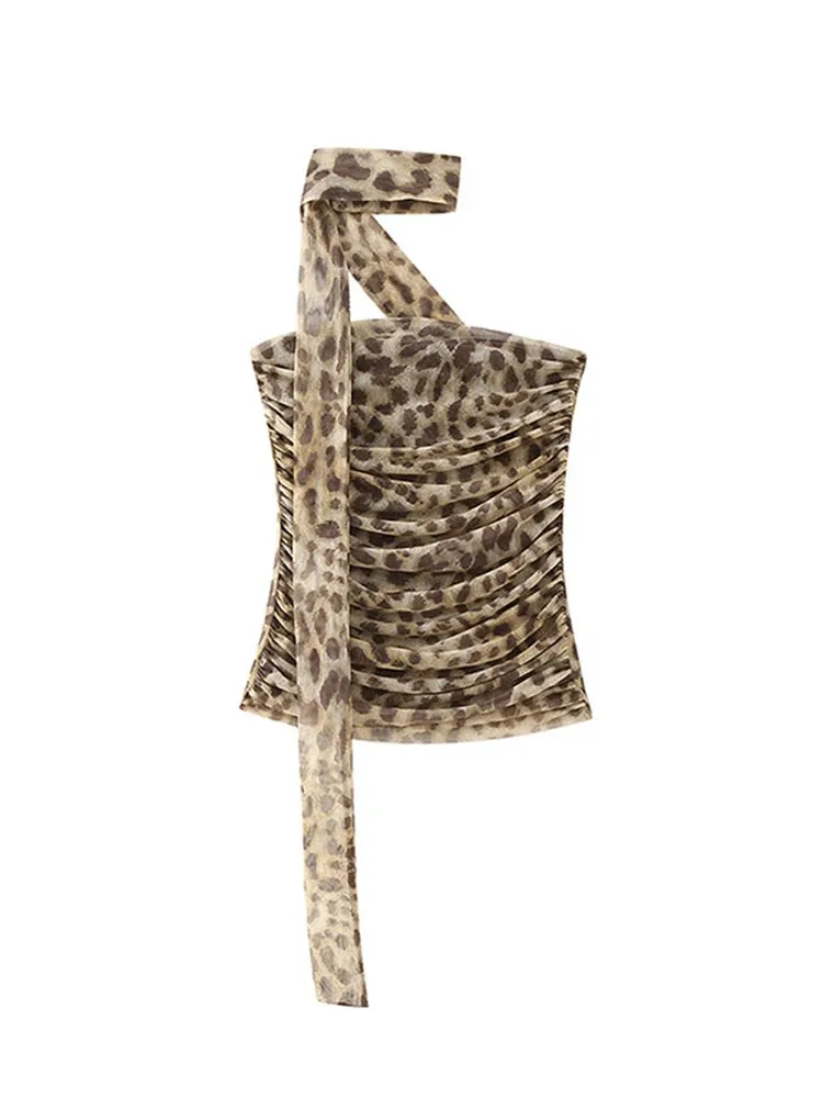 Leopard Print Wrapped Suit Backless Sleeveless Tops Skirts