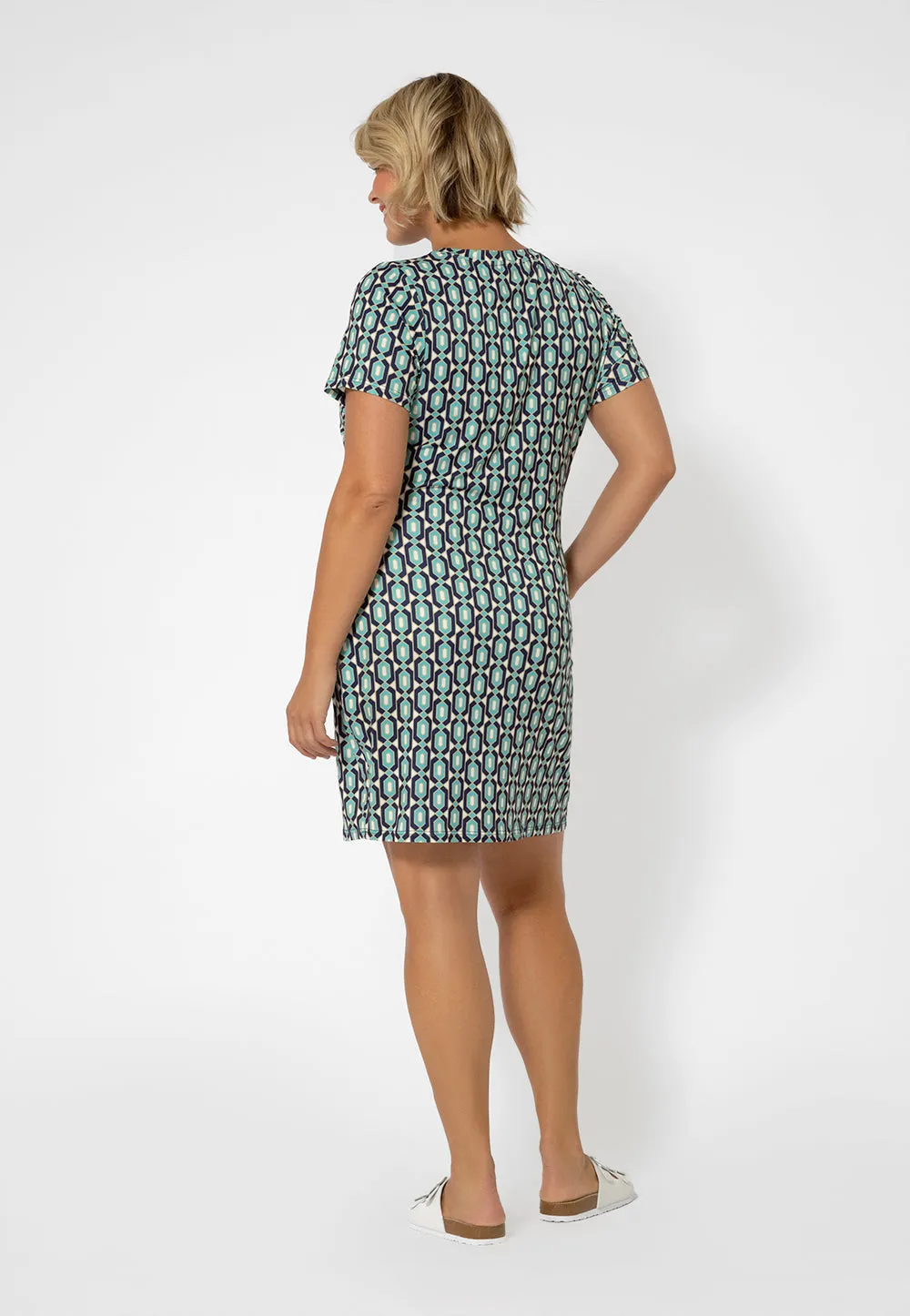 Leota Women's Print Short Sleeve T-Shirt Dress Blue Radiance