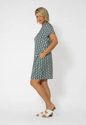 Leota Women's Print Short Sleeve T-Shirt Dress Blue Radiance