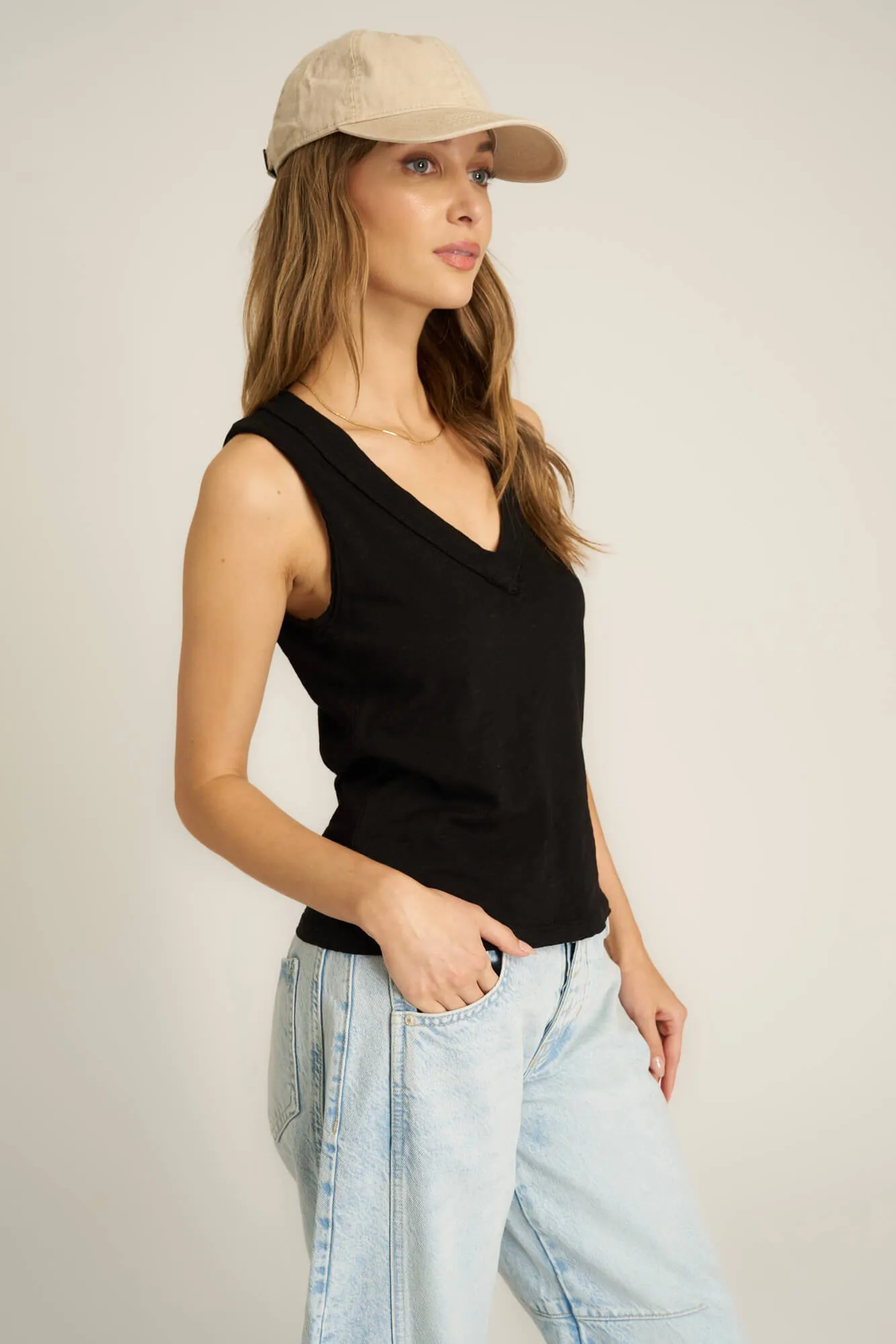 Let Me Know Relaxed Slub V Neck Tank - Black