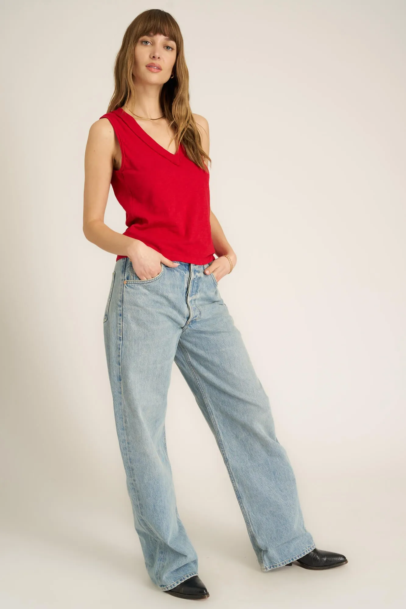 Let Me Know Relaxed Slub V Neck Tank - Red Dahlia