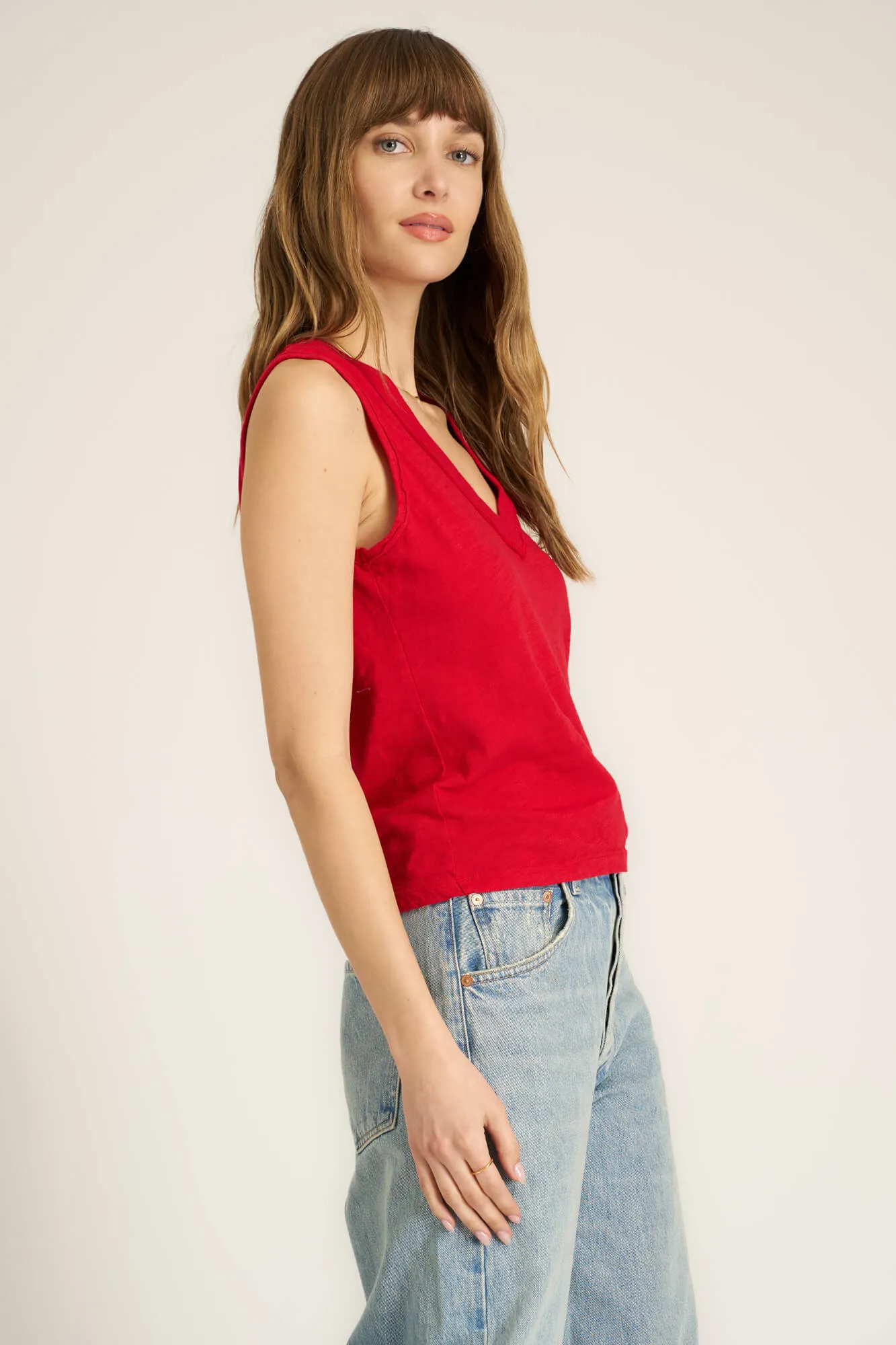 Let Me Know Relaxed Slub V Neck Tank - Red Dahlia