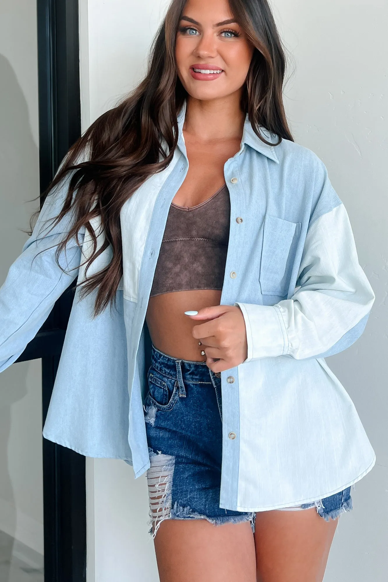 Looking For Signs Oversized Colorblock Shirt (Icy Denim)