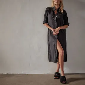 Matte Stretch Poplin Shirt Dress - Black