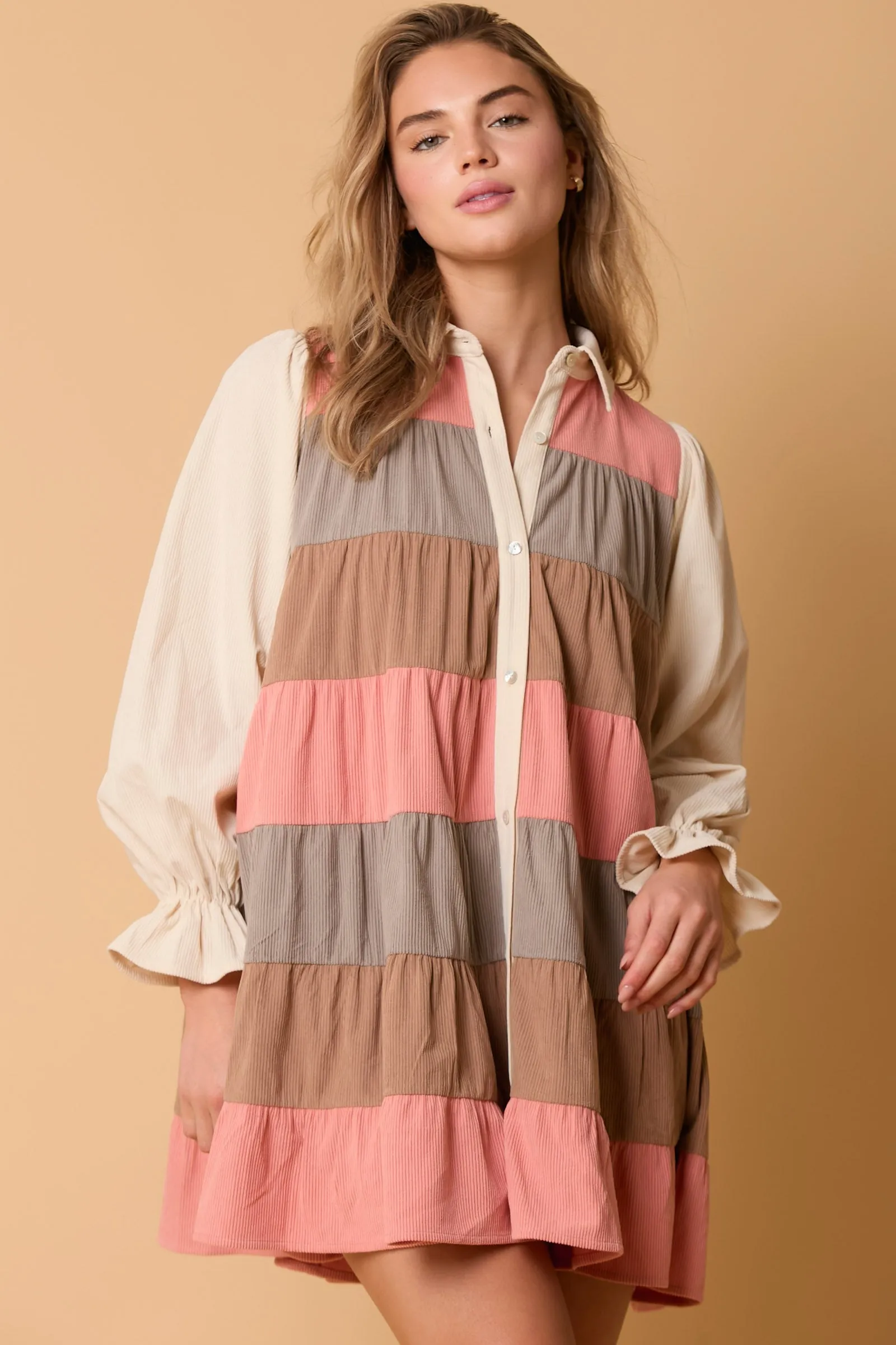 Melanie Color Block Corduroy Tiered Shirt Dress