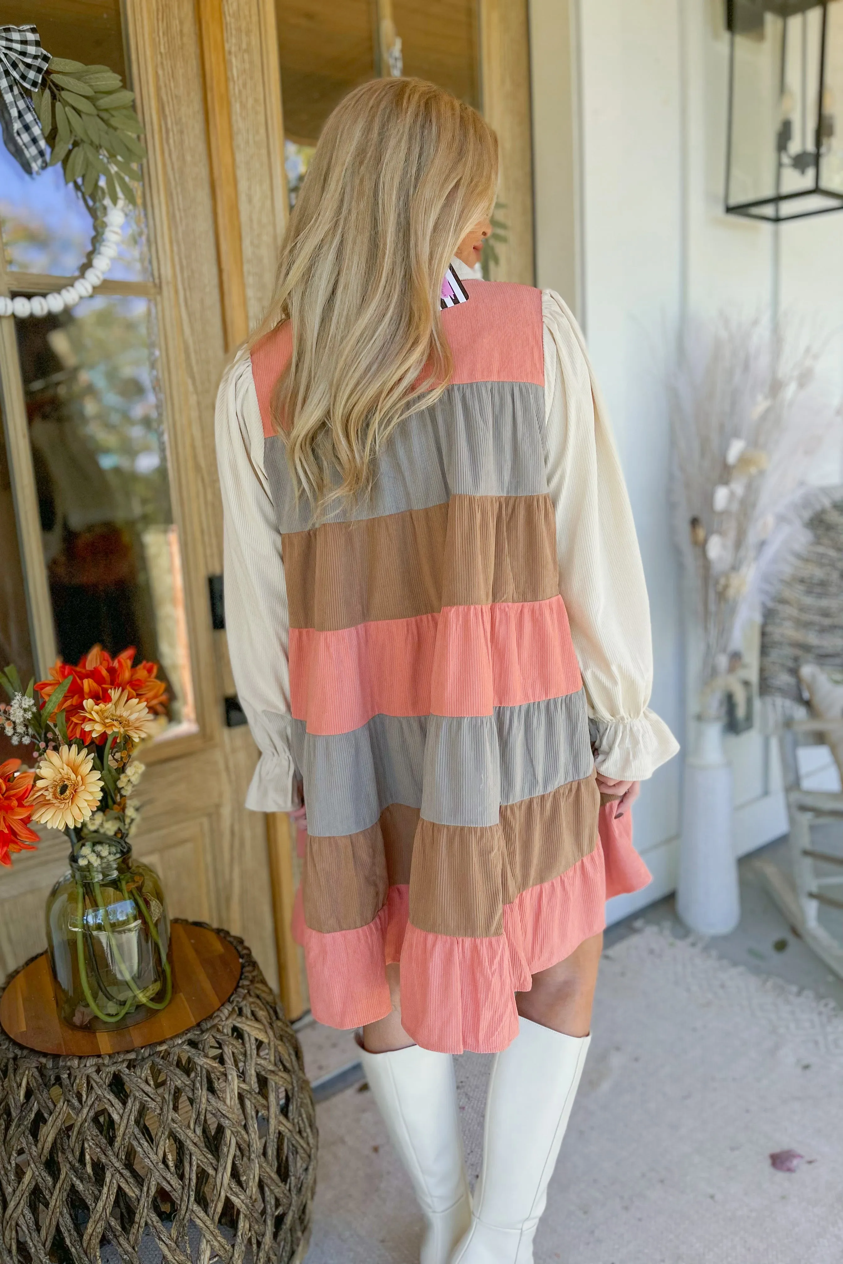Melanie Color Block Corduroy Tiered Shirt Dress