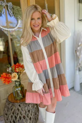 Melanie Color Block Corduroy Tiered Shirt Dress