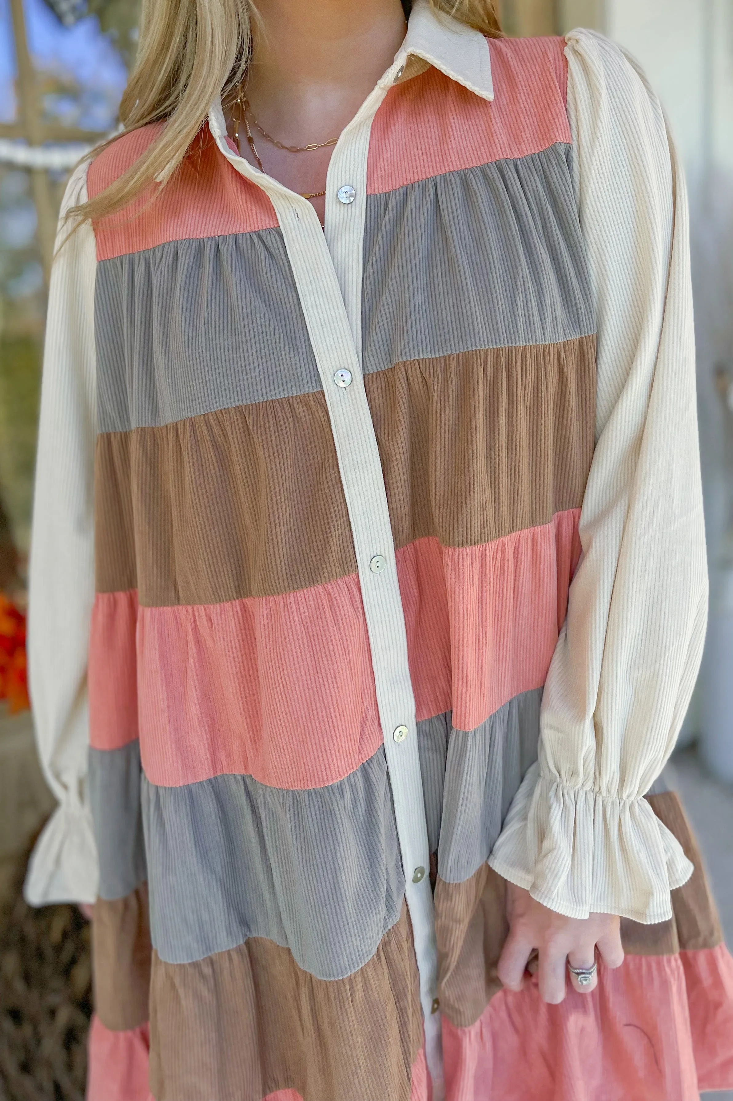 Melanie Color Block Corduroy Tiered Shirt Dress