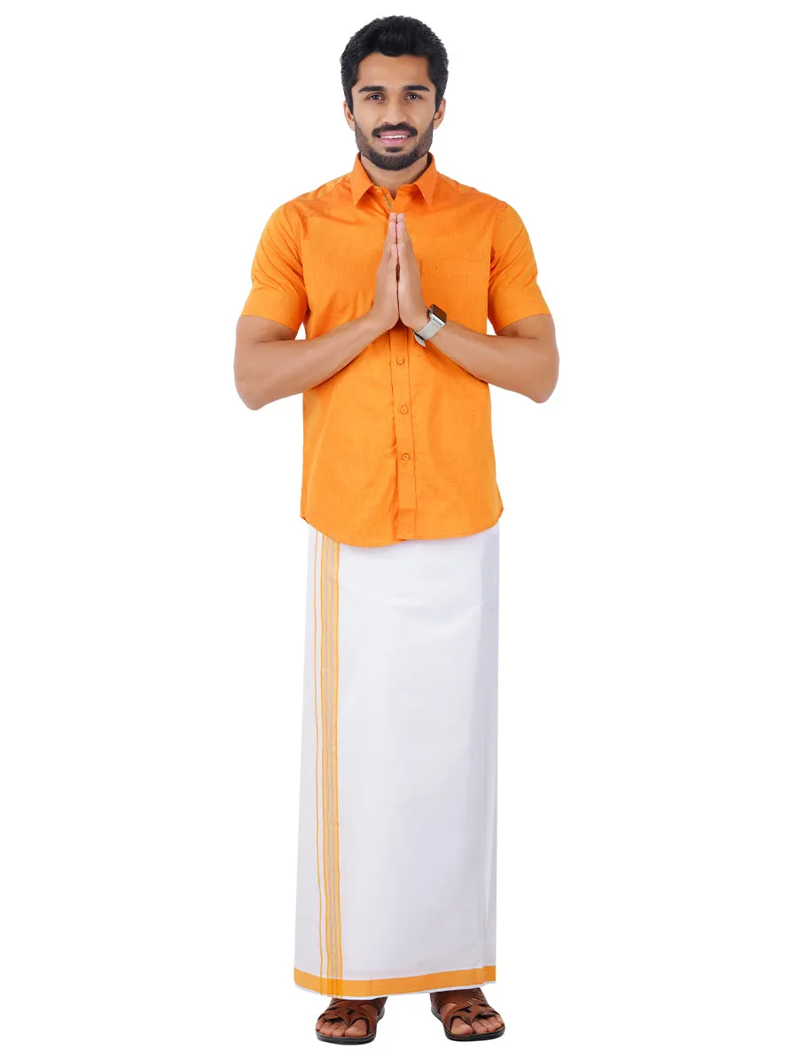 Men Fancy Border Dhoti & Shirt Set Half Sleeves Orange G107