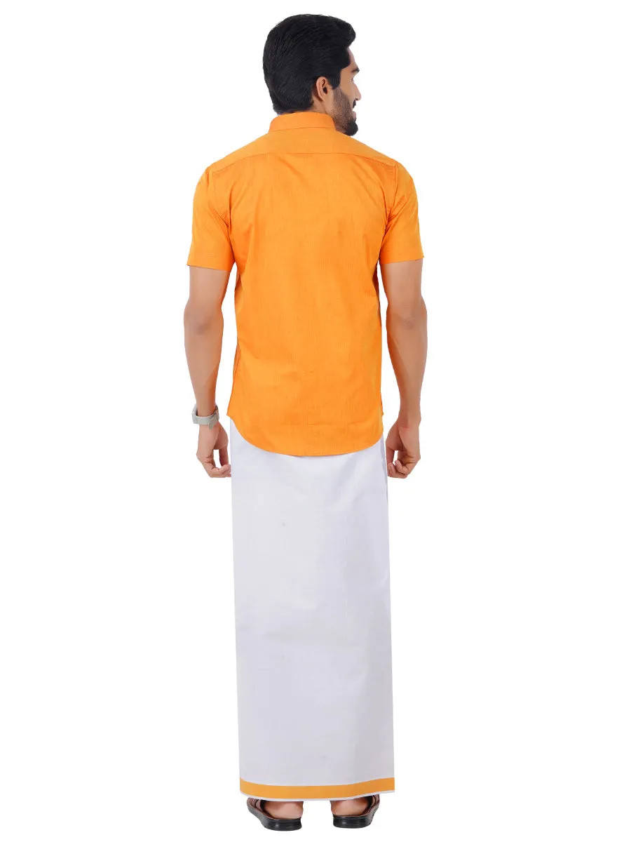 Men Fancy Border Dhoti & Shirt Set Half Sleeves Orange G107