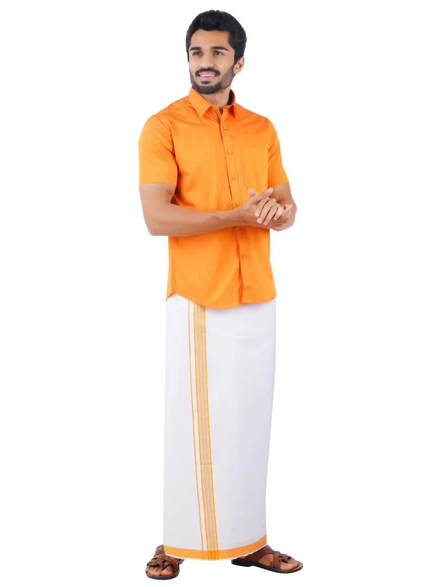 Men Fancy Border Dhoti & Shirt Set Half Sleeves Orange G107