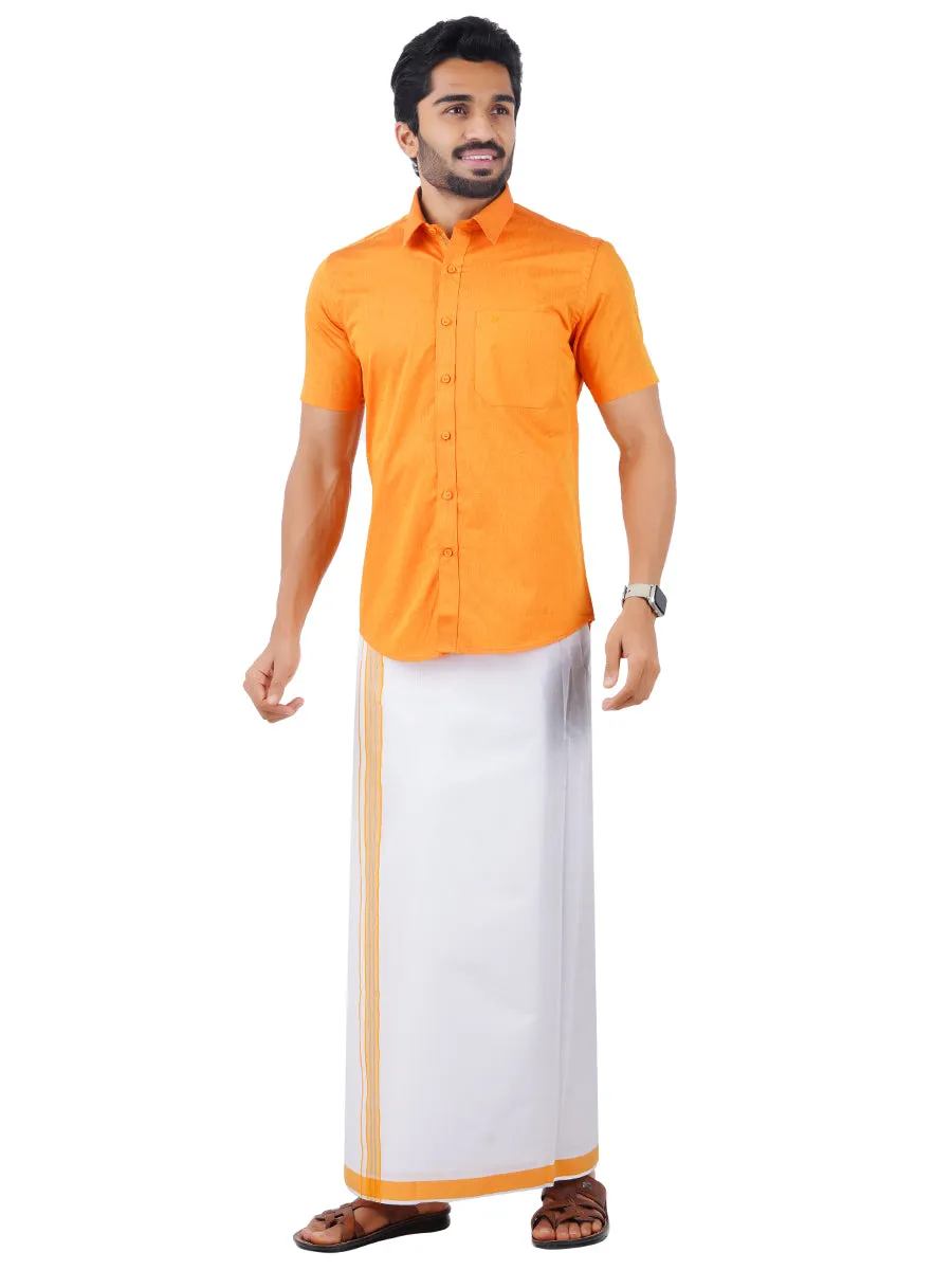 Men Fancy Border Dhoti & Shirt Set Half Sleeves Orange G107