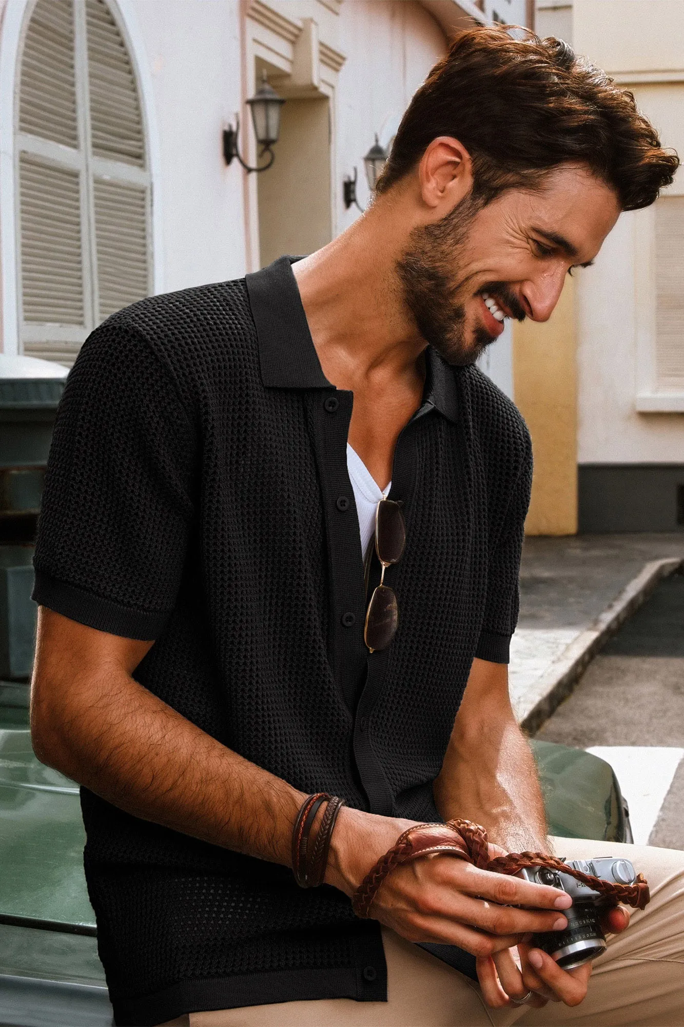 Men Hollowed-out Cardigan Short Sleeve Lapel Collar Button-up Knitwear