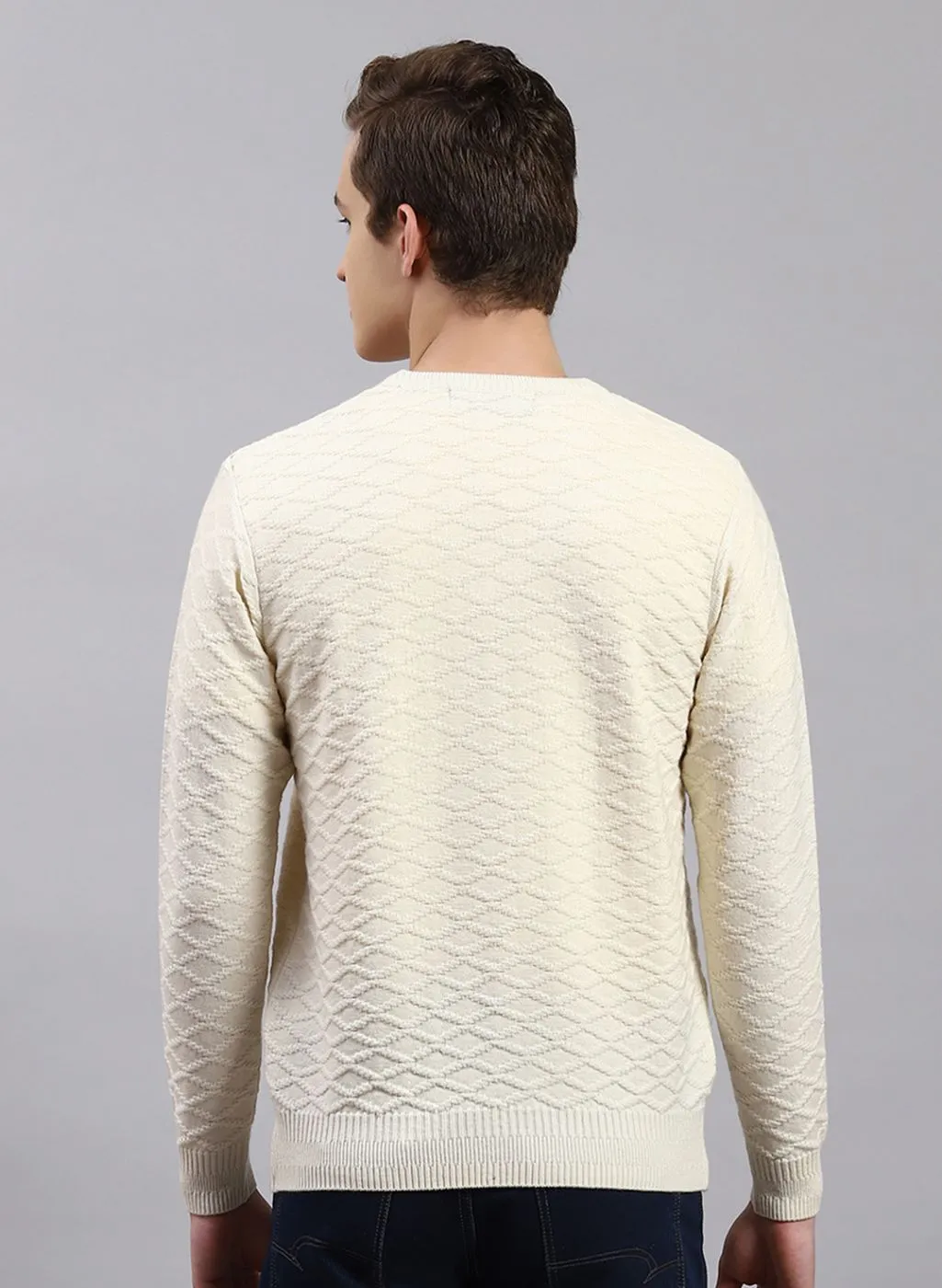 Men Off White Self Design Wool blend Pullover