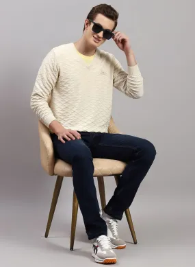 Men Off White Self Design Wool blend Pullover