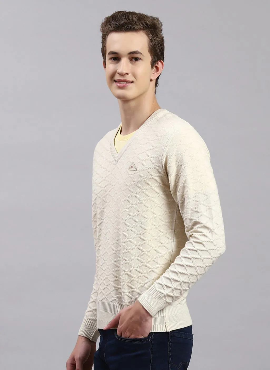 Men Off White Self Design Wool blend Pullover