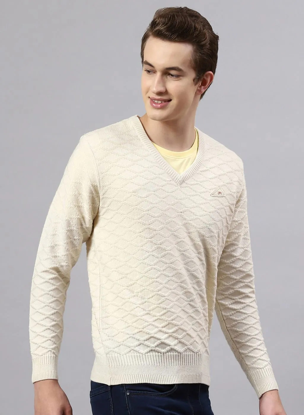 Men Off White Self Design Wool blend Pullover
