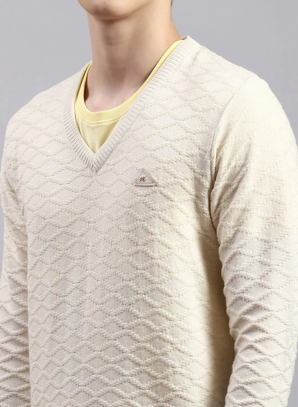 Men Off White Self Design Wool blend Pullover
