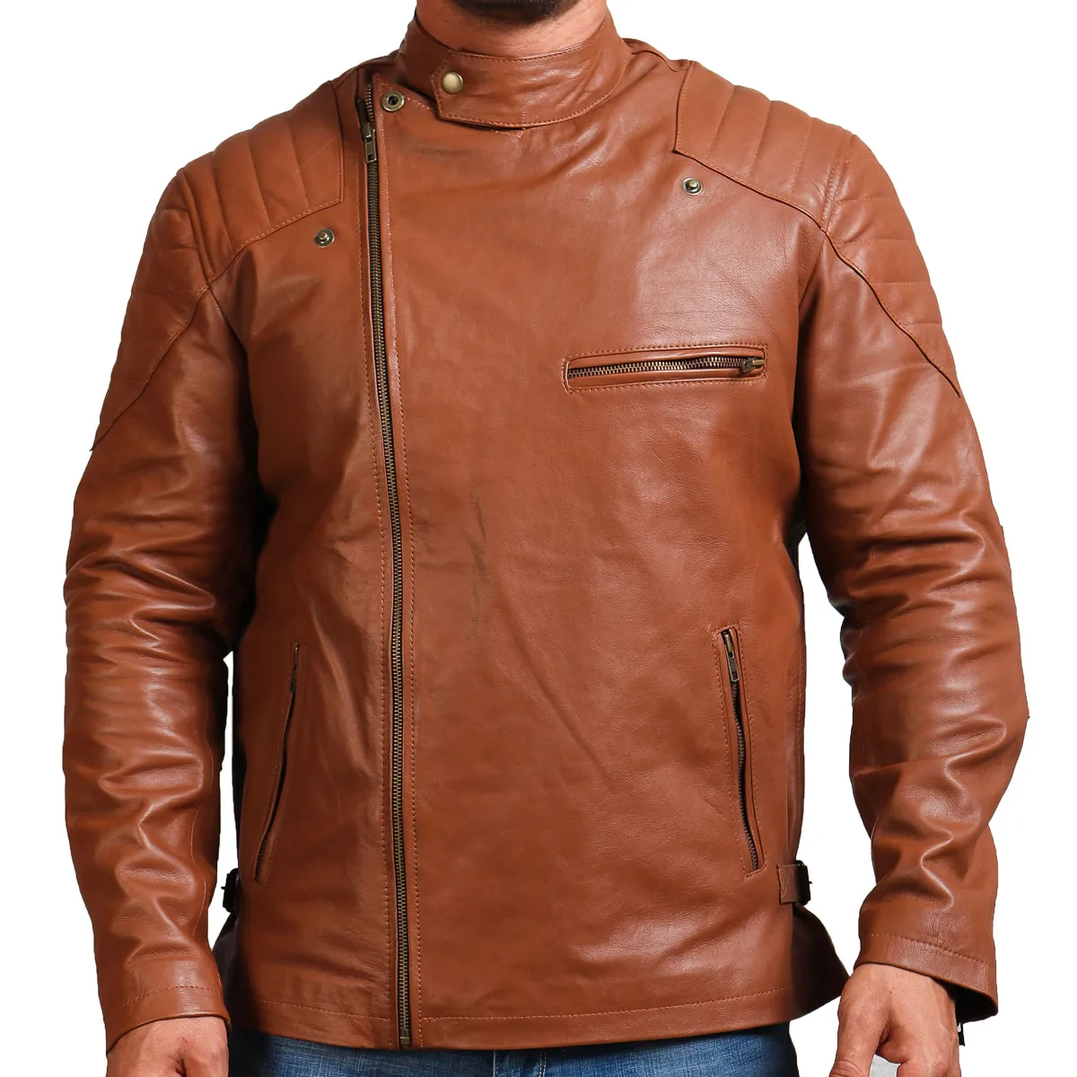 Men's Brown Faux Leather Jacket Stylish Zipper Motorcycle Design