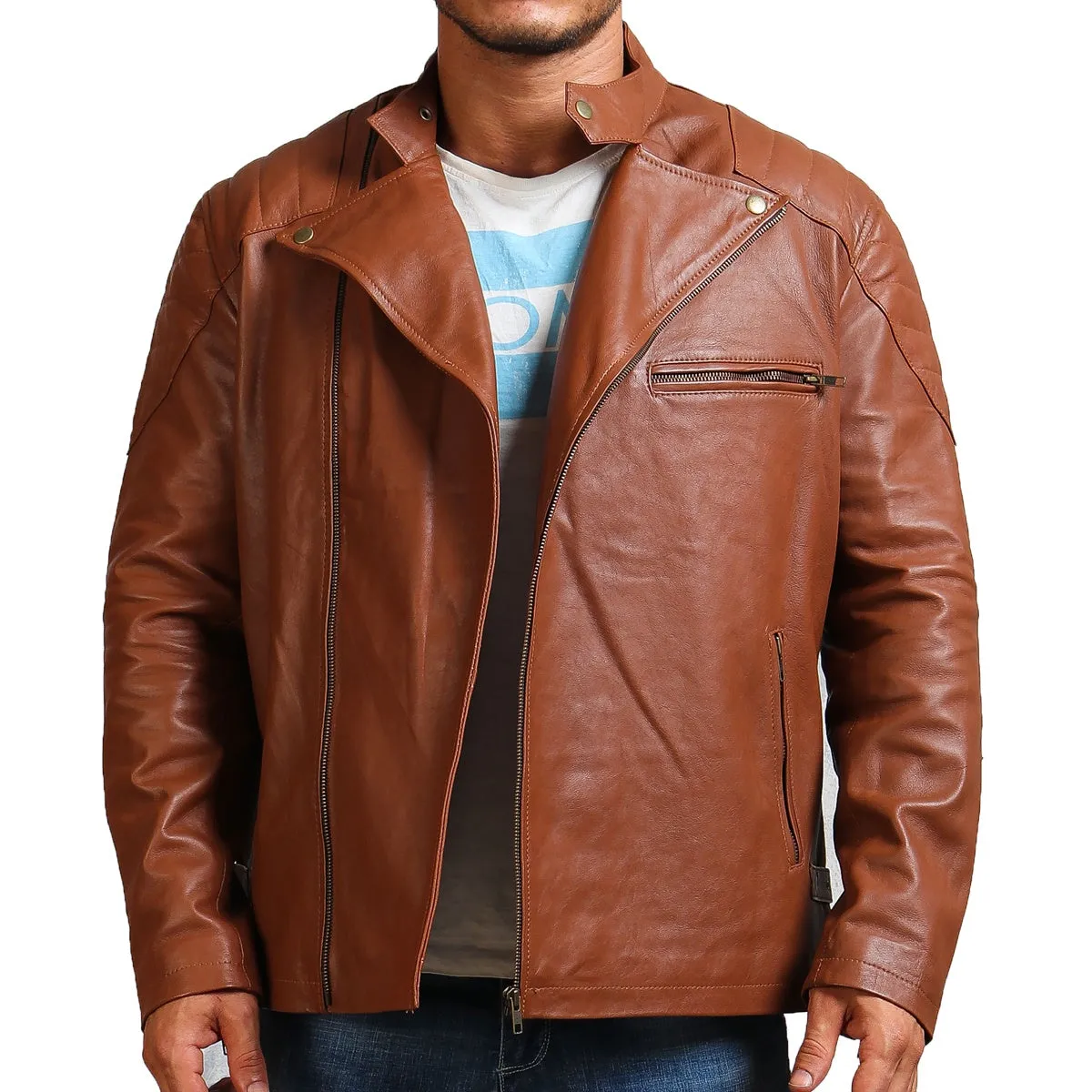 Men's Brown Faux Leather Jacket Stylish Zipper Motorcycle Design
