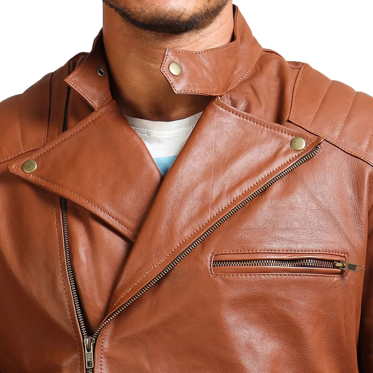 Men's Brown Faux Leather Jacket Stylish Zipper Motorcycle Design