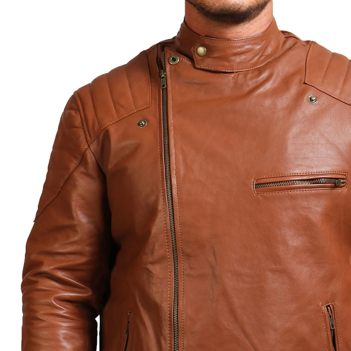Men's Brown Faux Leather Jacket Stylish Zipper Motorcycle Design