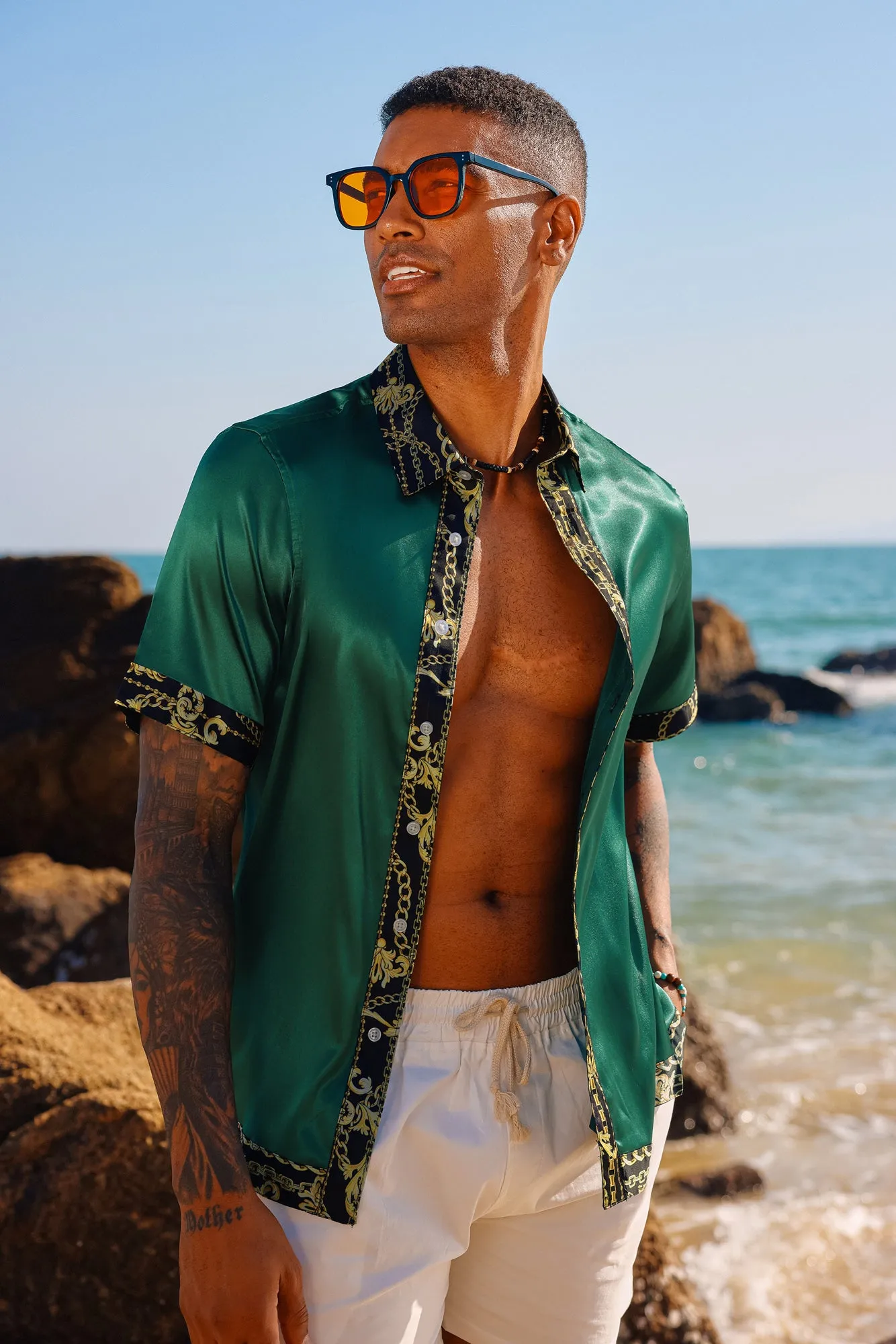 Mens Silk Satin Shirt Luxury Printed Button Down Hawaiian Shirts