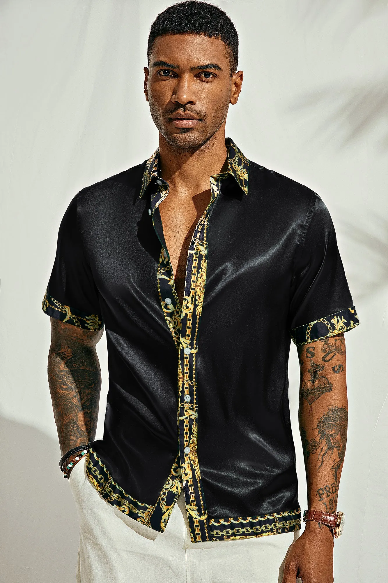 Mens Silk Satin Shirt Luxury Printed Button Down Hawaiian Shirts