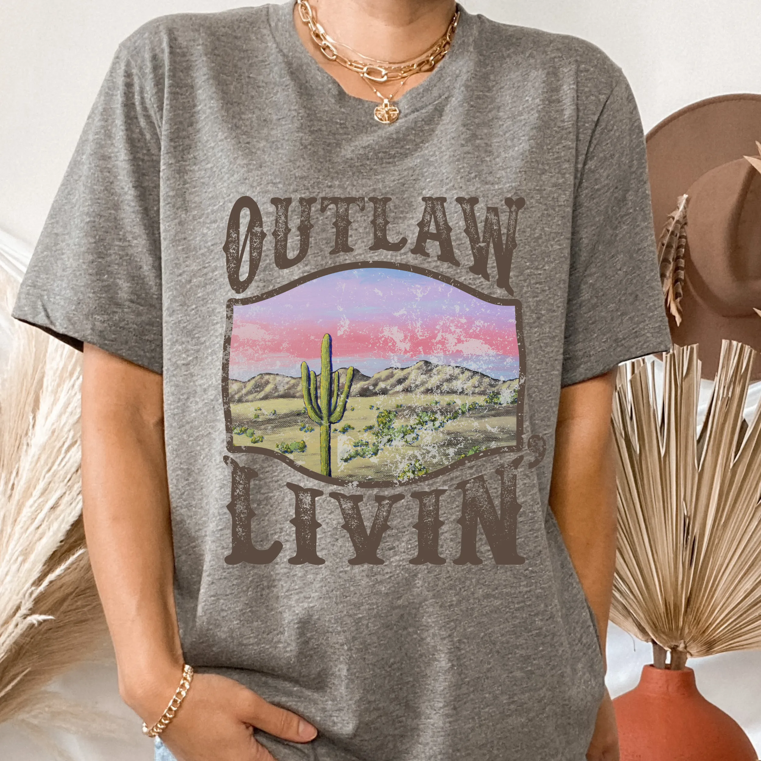 Outlaw Livin' Desert Design Bella Canvas® Unisex Jersey Short Sleeve Tee in Olive, Cream, Grey or Black Distressed Desert Cactus Design