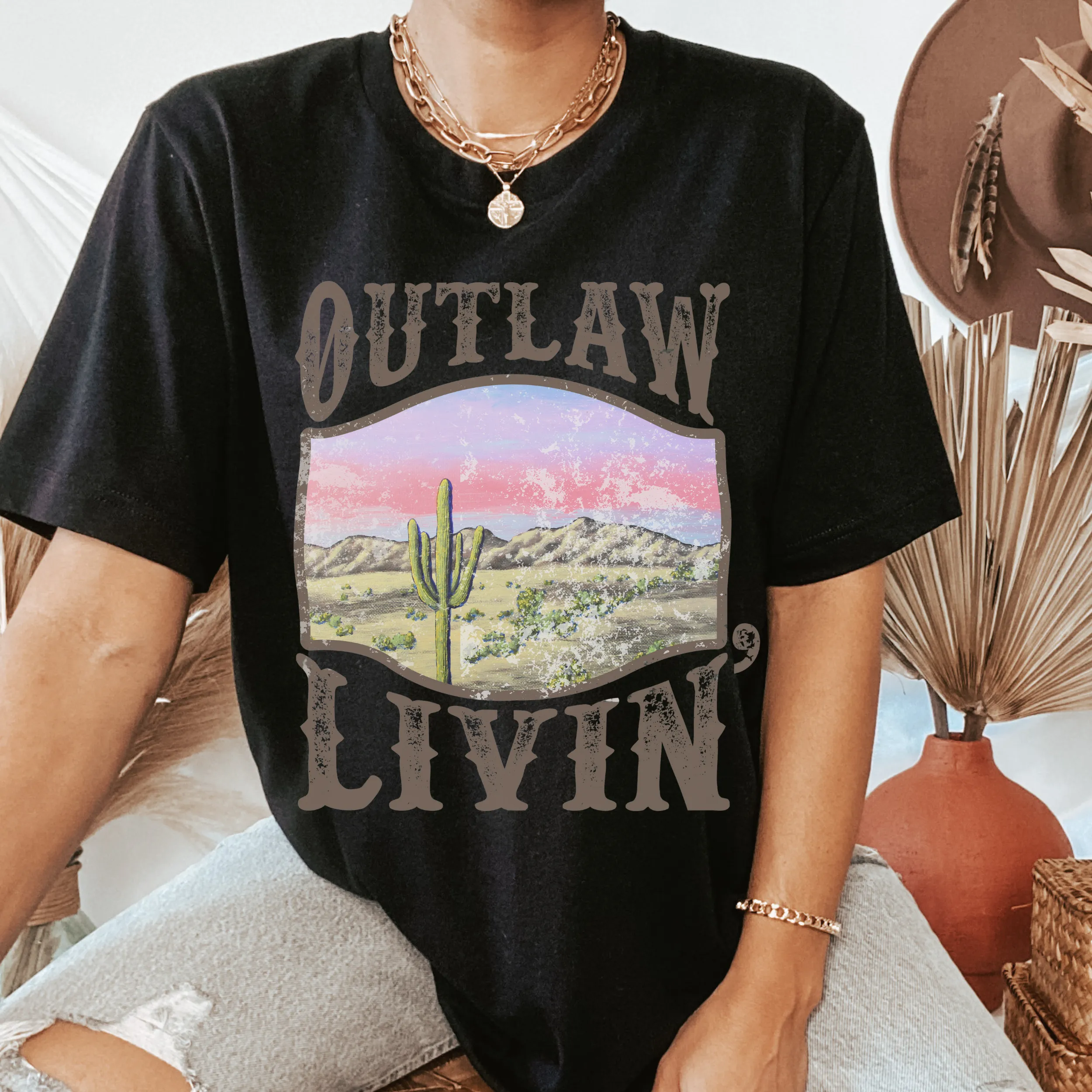 Outlaw Livin' Desert Design Bella Canvas® Unisex Jersey Short Sleeve Tee in Olive, Cream, Grey or Black Distressed Desert Cactus Design
