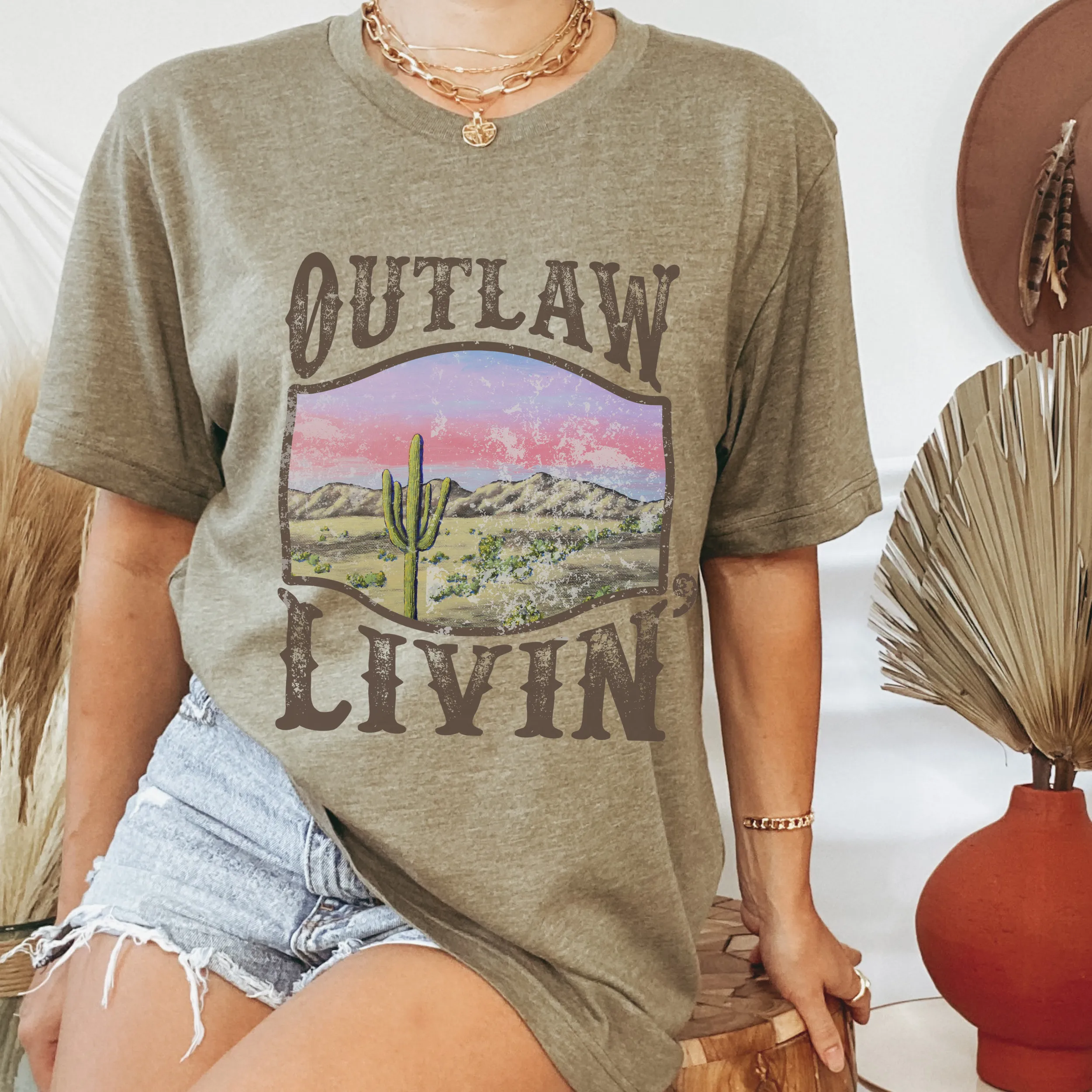 Outlaw Livin' Desert Design Bella Canvas® Unisex Jersey Short Sleeve Tee in Olive, Cream, Grey or Black Distressed Desert Cactus Design