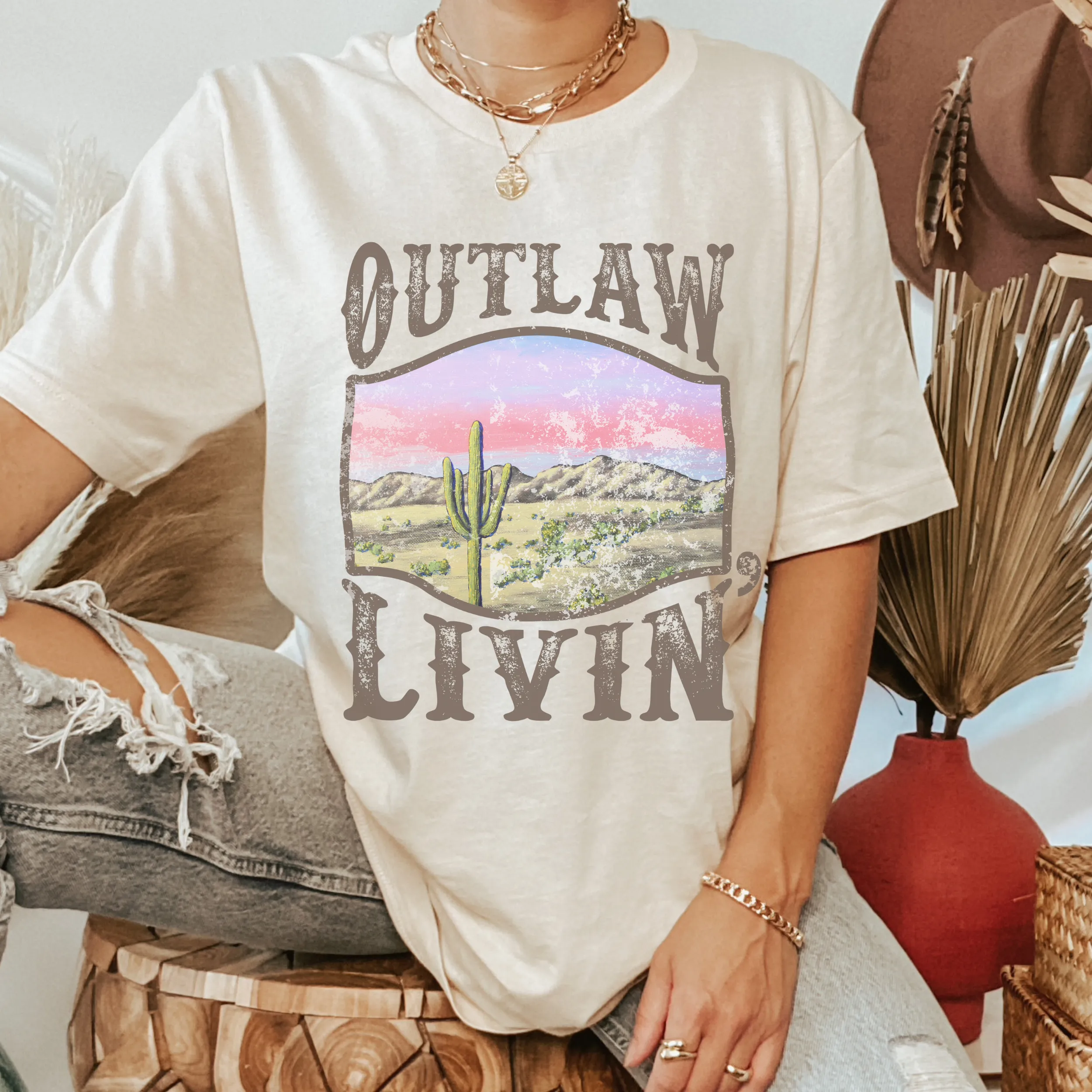 Outlaw Livin' Desert Design Bella Canvas® Unisex Jersey Short Sleeve Tee in Olive, Cream, Grey or Black Distressed Desert Cactus Design