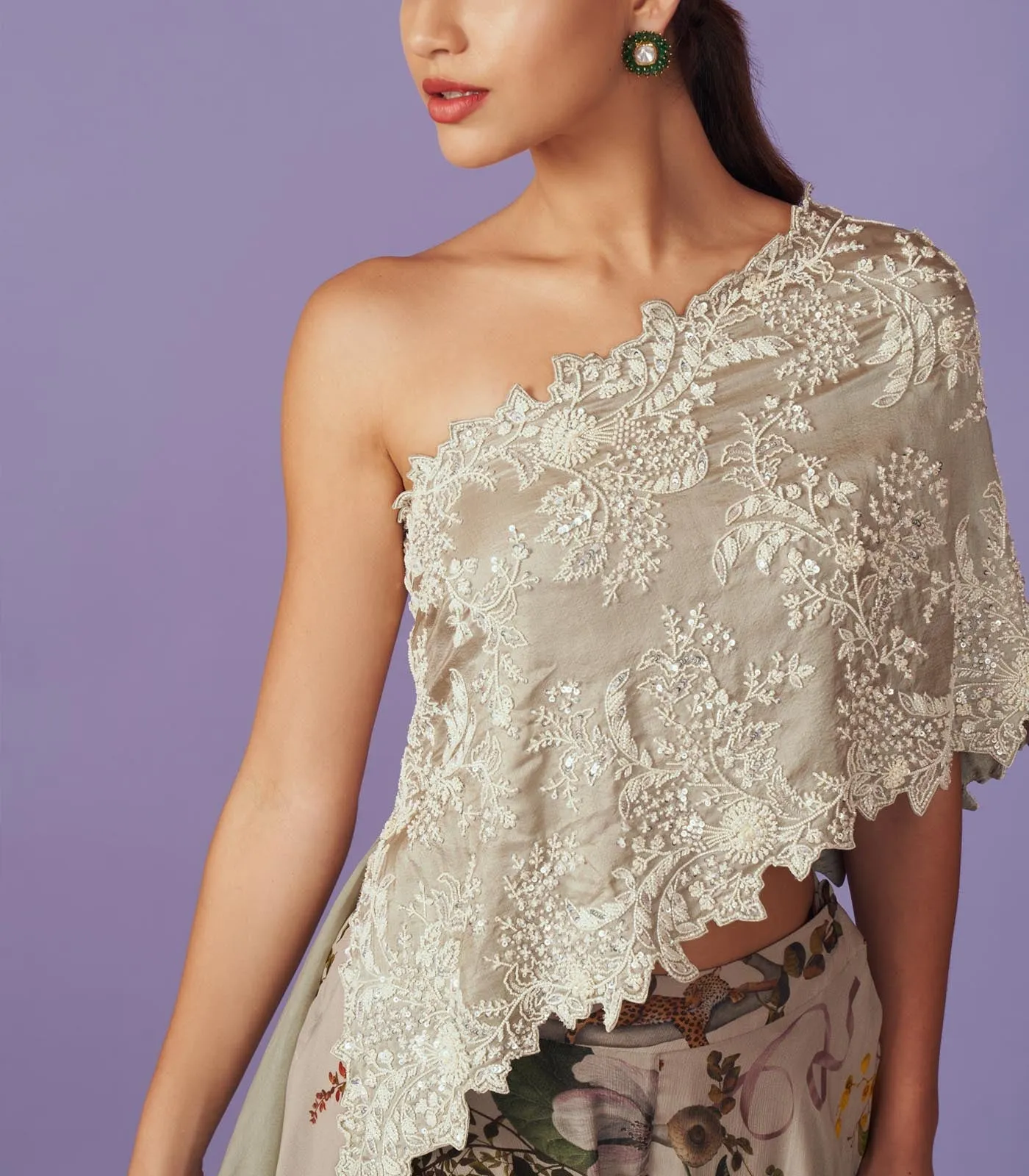 Pearl Work One Shoulder Cape Set